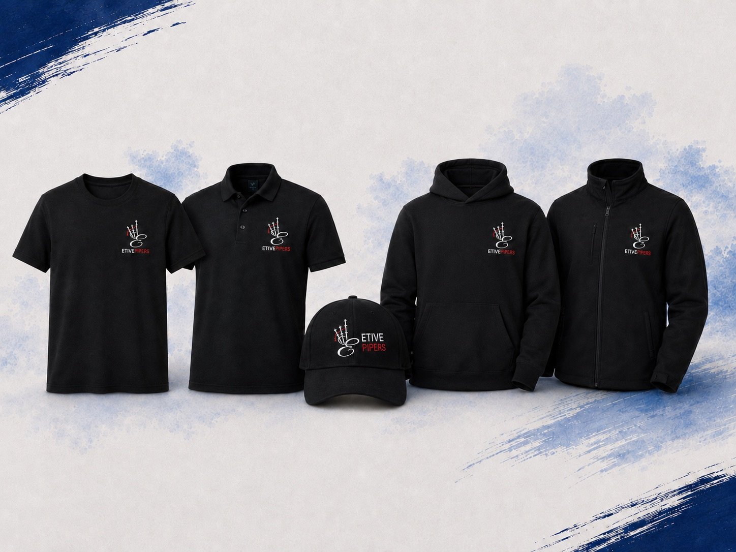 The Etive Pipers Collection: t-shirt, polo, cap, hoodie and soft shell jacket